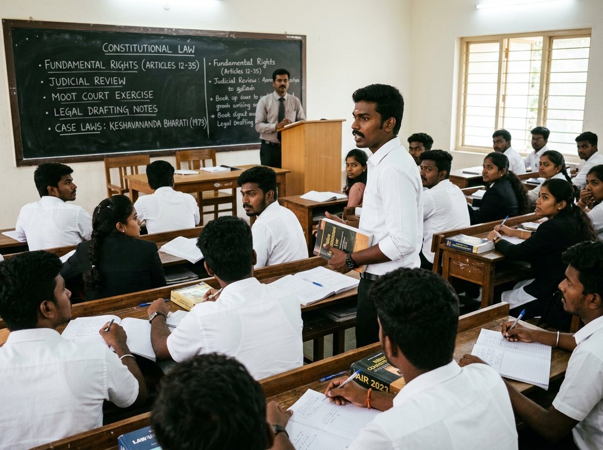 Tamil law students in an interactive classroom lecture at Annai College of Law
